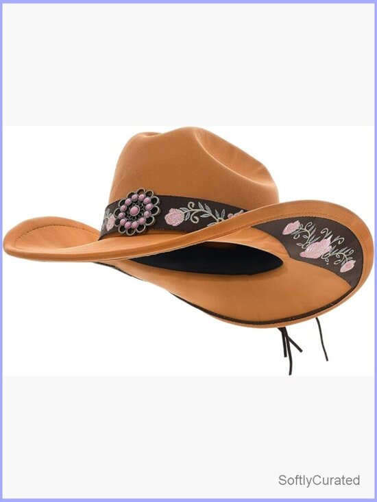 Wide Brim Felt Cowgirl Hat with Embroidery, Suede-Finish, Adjustable main image 7